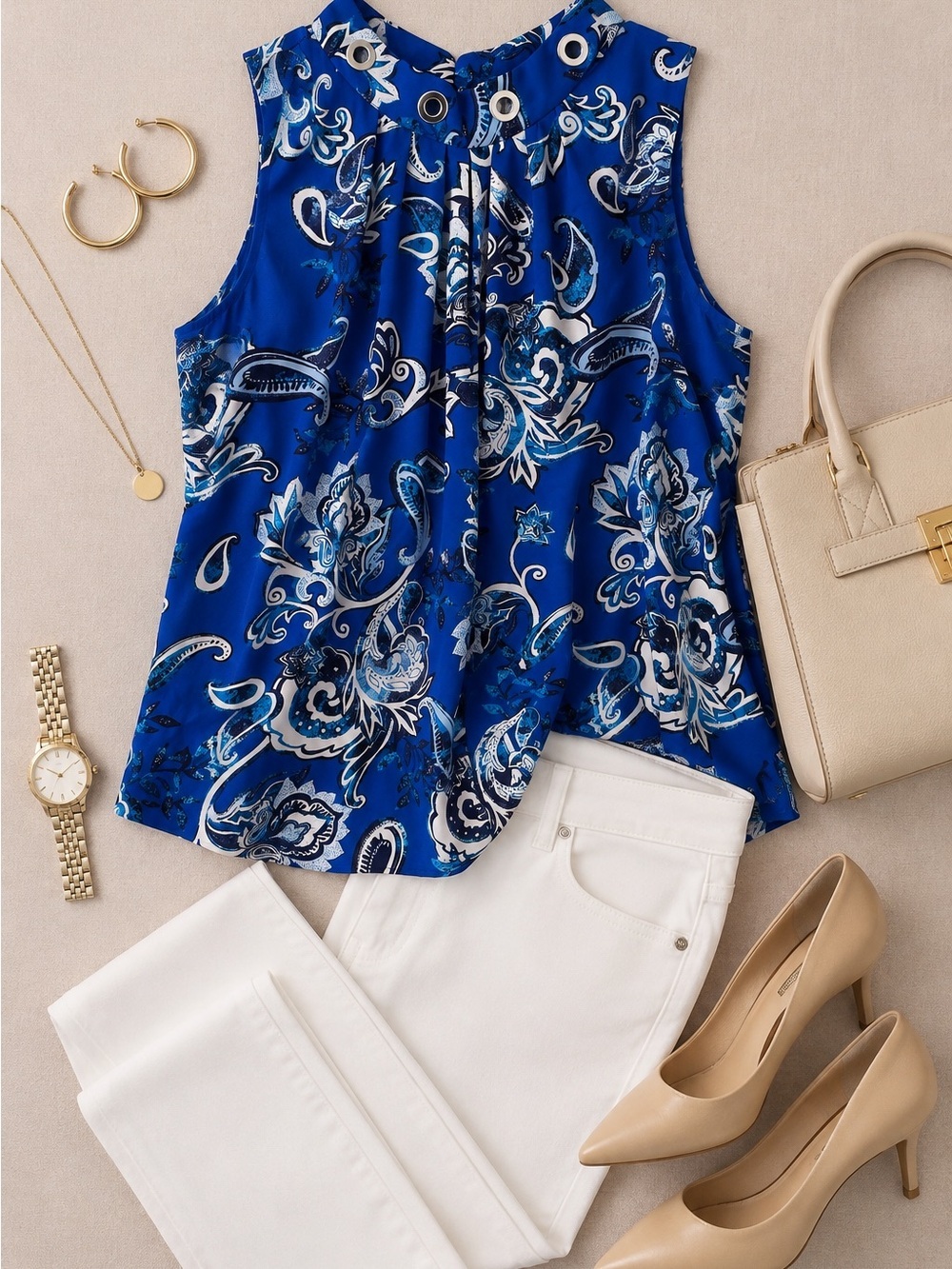 White House Black Market Royal Blue Paisley Sleeveless Top